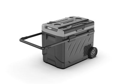 51L Brass Monkey Portable Dual Zone Fridge and Freezer with Solar Charger Board plus Handles + Wheels and Support Removable Battery