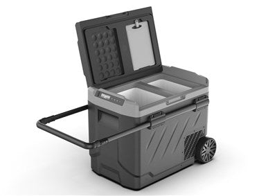 51L Brass Monkey Portable Dual Zone Fridge and Freezer with Solar Charger Board plus Handles + Wheels and Support Removable Battery