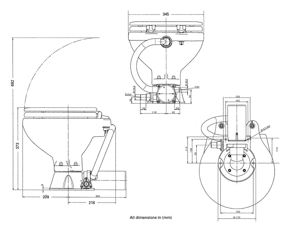 Electric Toilet Standard Flush Compact Bowl 12V