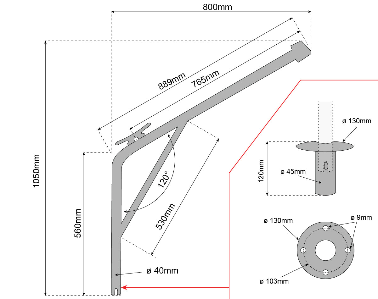 Swivelling Davit Stainless Steel Single Arm Rated 50kg