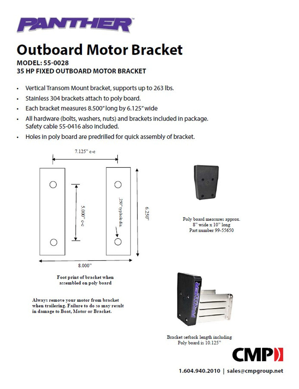 Panther Outboard Motor Bracket - 35HP Fixed - 304SS