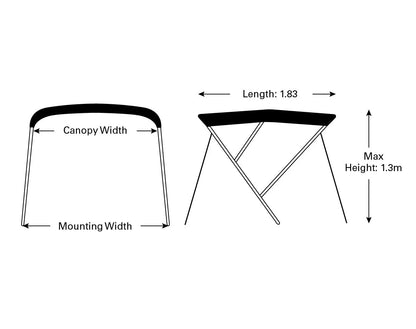 Oceansouth Bimini 3 Bow Aluminium Frame Blue or Grey Top Length 1.83m